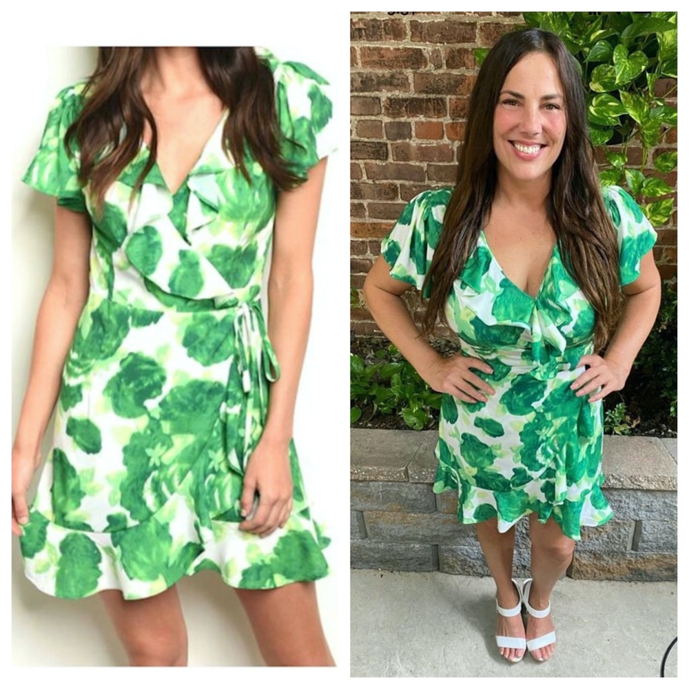 Short Sleeve Ruffle Trim Floral Wrap Style Dress